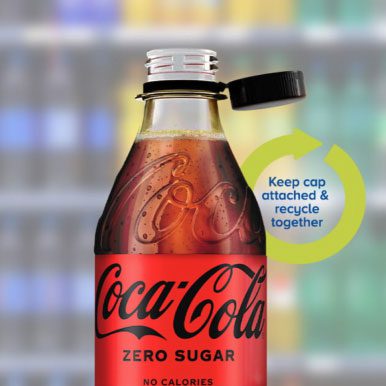 a soft drink bottle with its cap strapped/tethered to the bottle